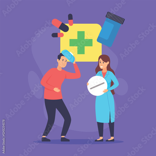 Person experiencing symptoms consulting healthcare professional holding pill. Colorful medical items around. Importance of medicine safety and health advice concept