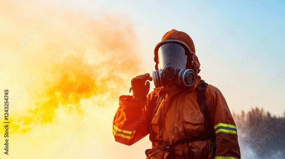 Firefighter in Protective Gear During Intense Wildfire Firefighter in Protective Gear During Intense Wildfire
