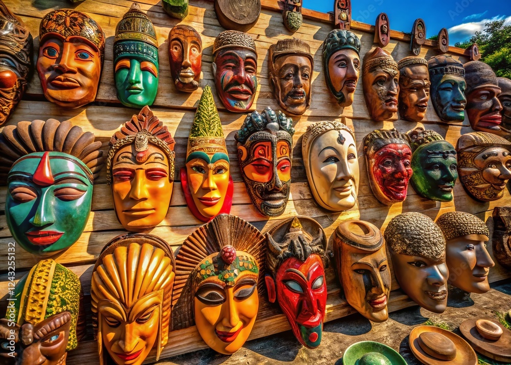 Fototapeta premium Aerial View of Traditional Handmade Wooden Masks & Sculptures Displayed Outdoors
