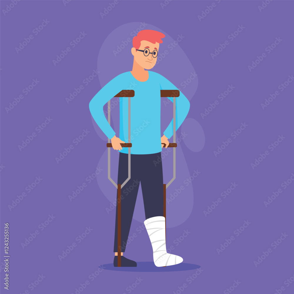 Person standing with crutches and cast on his leg. Process of recovery. Healing after injury concept Person standing with crutches and cast on his leg. Process of recovery. Healing after injury concept