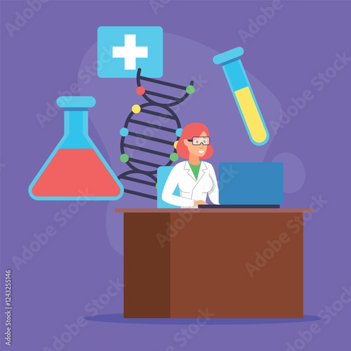 Lab scientist focused on health research while sitting at desk with laptop. Various scientific tools and symbols surrounding desk representing healthcare and genetics