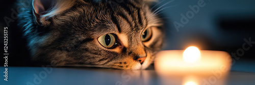 Grey Tabby Cat and Lit Candle