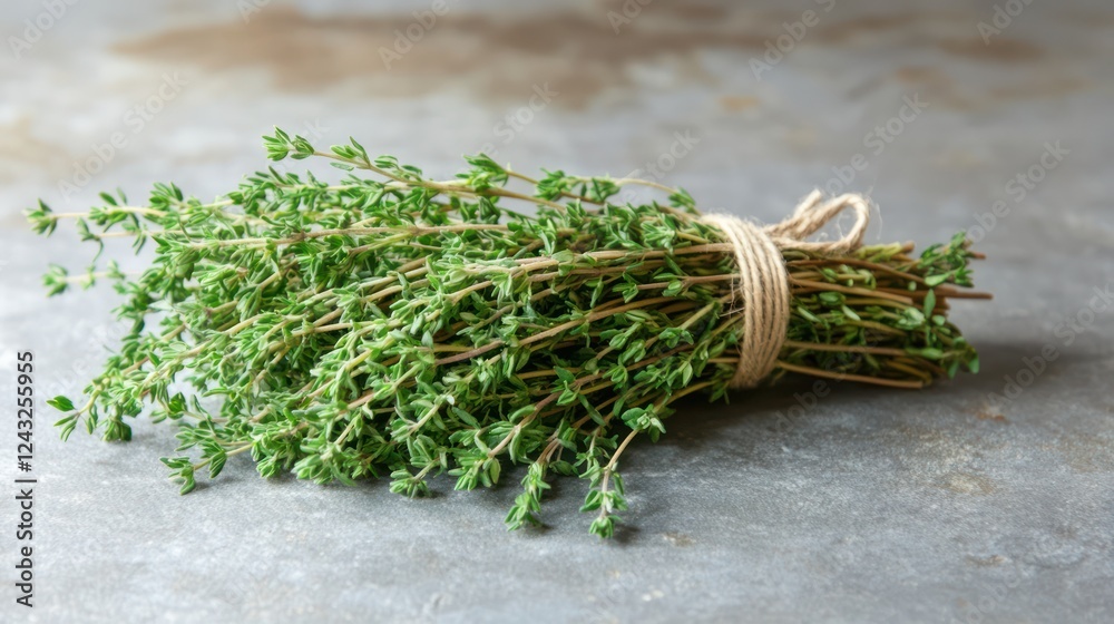 Fresh Thyme Sprigs Bundle on Rustic Background Fresh Thyme Sprigs Bundle on Rustic Background