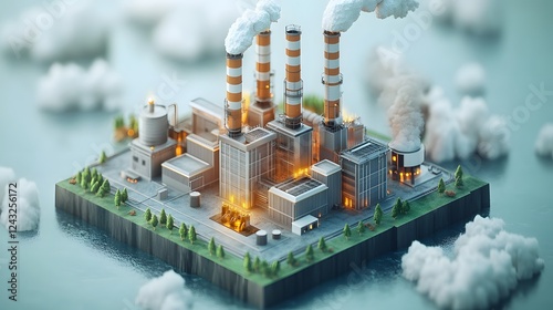 Isometric 3d low-poly geothermal power plant harne with smoke coming from factory in a modern industrial setting photo