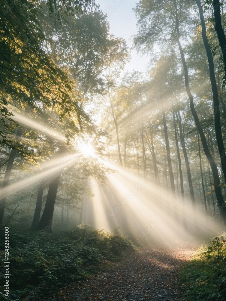 Fototapeta premium Sunlight streaming through forest trees on serene morning walkway