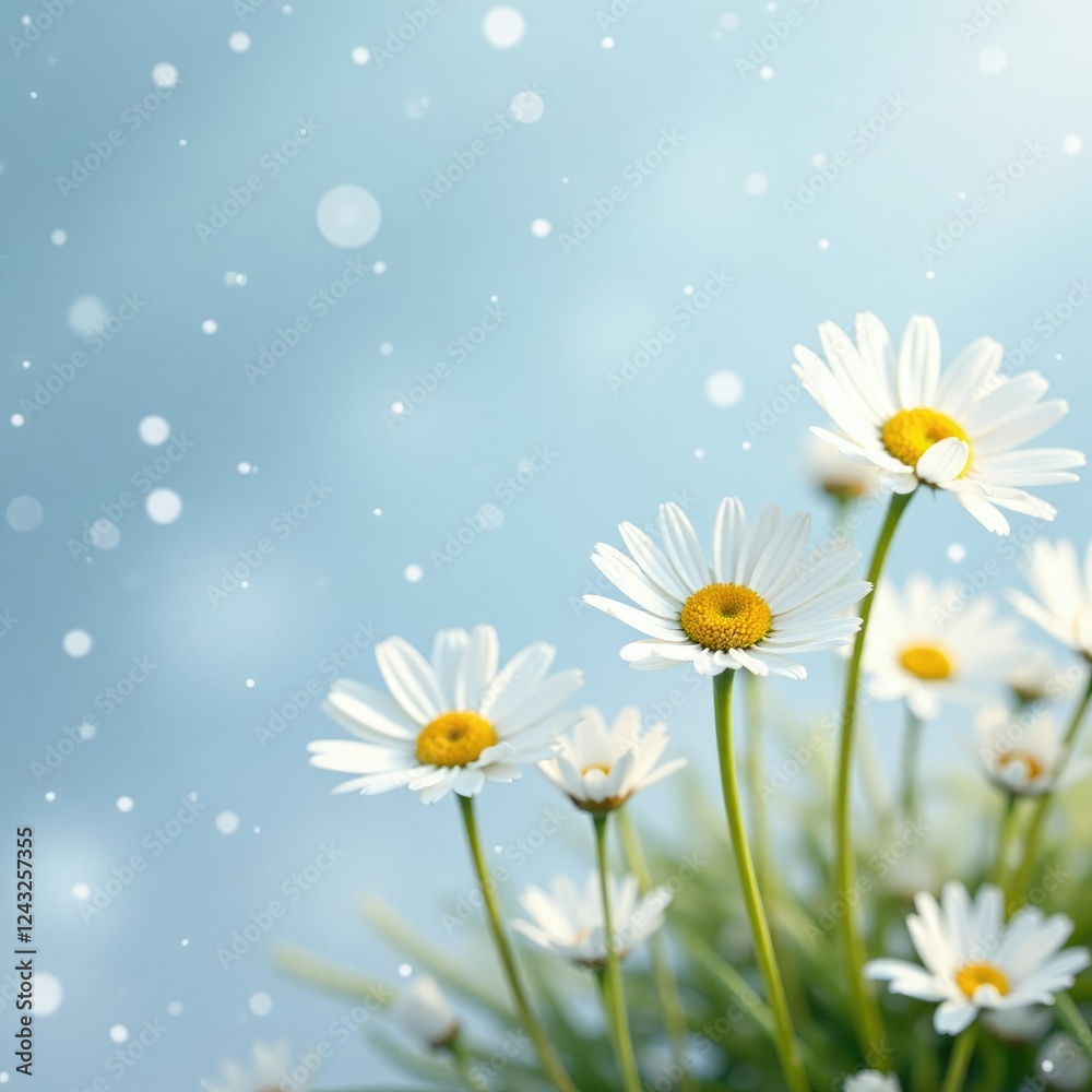 Delicate white daisies against a serene snow-covered backdrop, blooms, natural, landscape