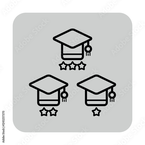 Three graduation caps with stars underneath. Academic achievement and excellence in education concept