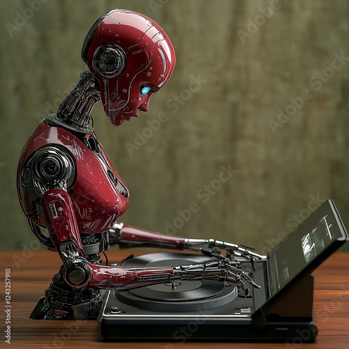 retro-inspired image of an AI automaton playing music on a vintage record player