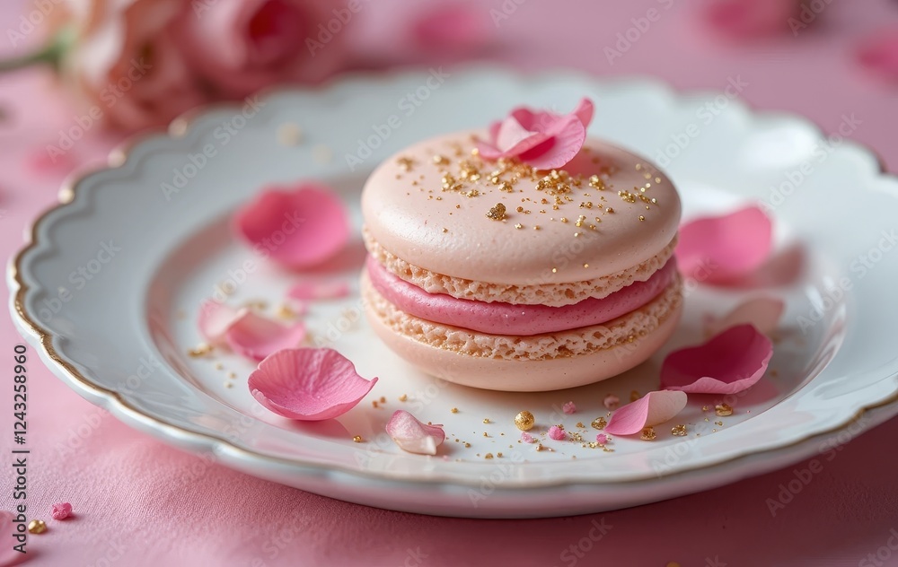 A close-up of a pink macaron with rose petals and gold dust on a white plate with a soft pink background A close-up of a pink macaron with rose petals and gold dust on a white plate with a soft pink background