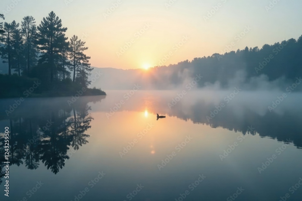 Sparkling silver mist rises from a calm lake surface at dawn, fog, water Sparkling silver mist rises from a calm lake surface at dawn, fog, water