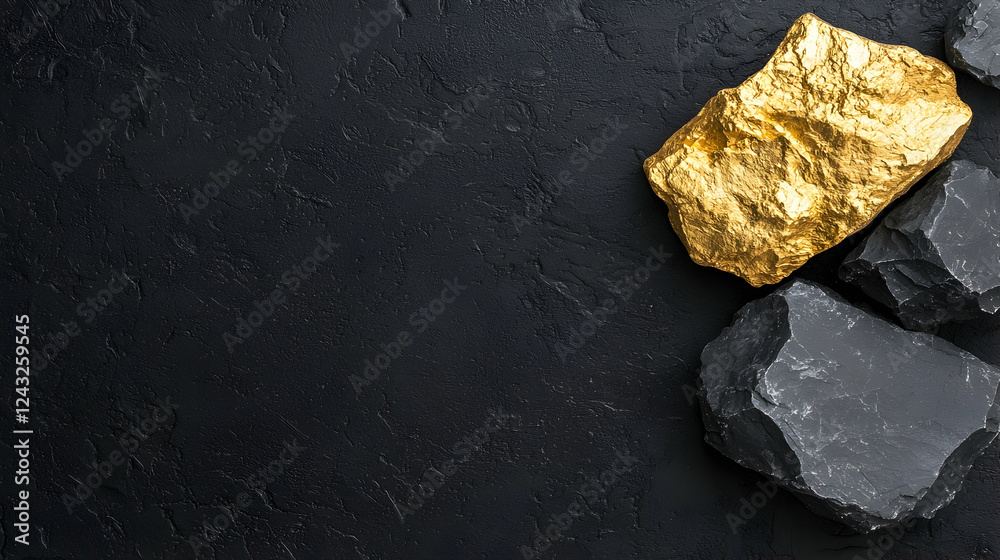 Naklejka premium Gold nugget among dark stones on black background