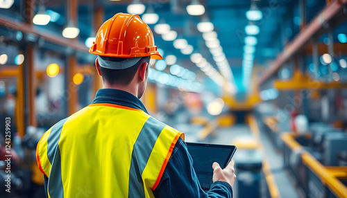 Construction worker in a yellow safety vest using a digital tablet on a modern industrial factory floor for production and project management