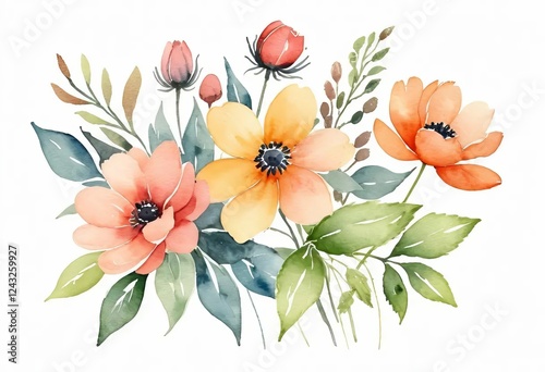 A bouquet of colorful watercolor flowers on a white background