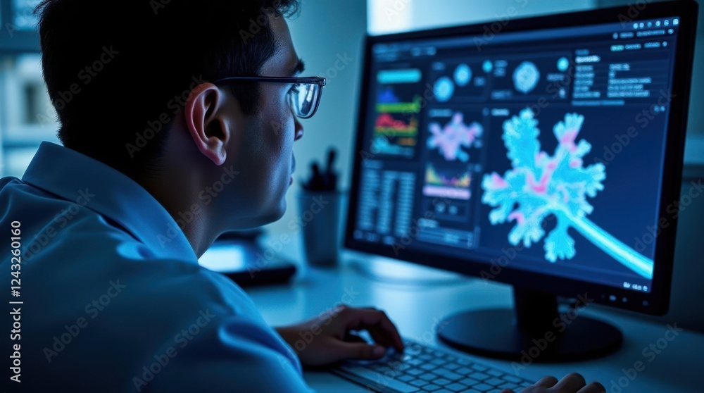 Researcher Analyzes Molecular Data on Digital Monitor During Lab Session