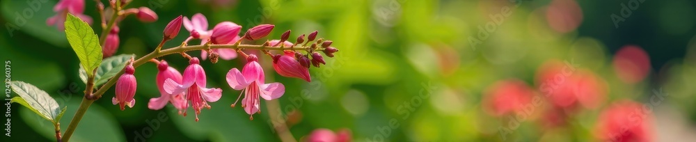 Fototapeta premium Stem with dangling pink blooms in a summer garden, natural, garden
