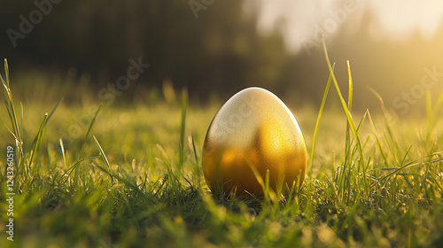 Mysterious golden egg resting in a dewy grass field at sunrise, creating an intriguing and magical fantasy-inspired scene