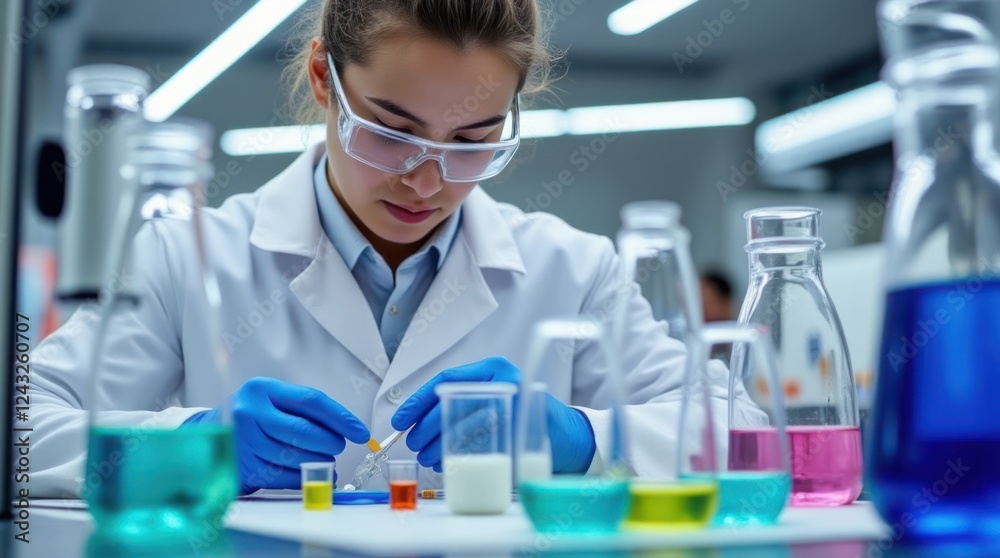 Fototapeta premium Technician Prepares Laboratory Equipment for Chemical Experiment With Test Tubes