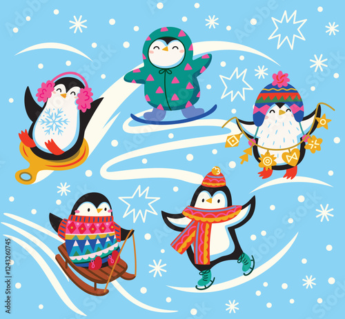Set with skating penguins isolated on blue background. Winter scene.