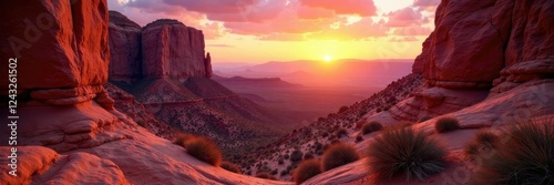 Sunset hues on ancient red rock formations, warm light filtering through gaps, telephoto, alpenglow