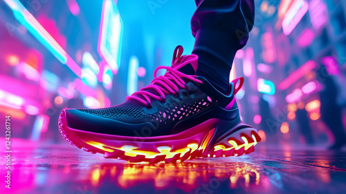 Futuristic black sneakers glowing in neon cityscape at night, urban style photo