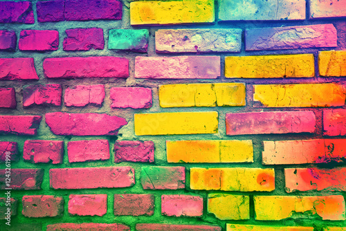 Colorful brick wall made of handmade clay bricks. Abstract bricks background. Bright pink green gradient colored