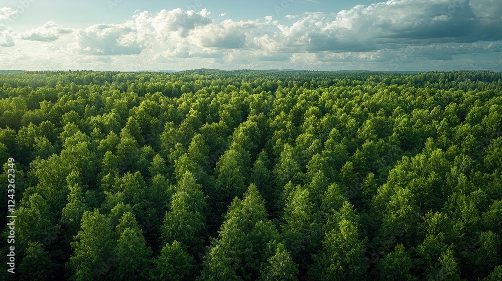 Obraz premium Aerial View of Lush Green Forest Under Cloudy Sky