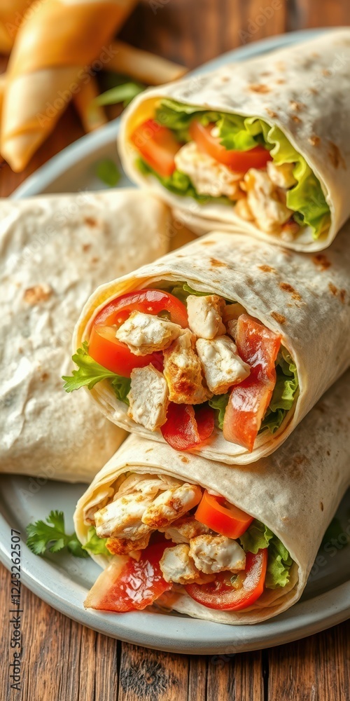 Delicious chicken wraps served on a plate with fresh vegetables and soft tortillas Delicious chicken wraps served on a plate with fresh vegetables and soft tortillas