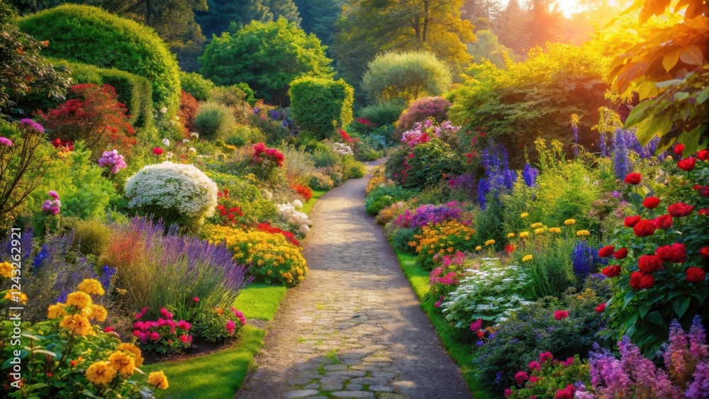Obraz premium A tranquil pathway through a lush garden filled with vibrant flowers of every color under a warm sun, peaceful atmosphere, serene landscape