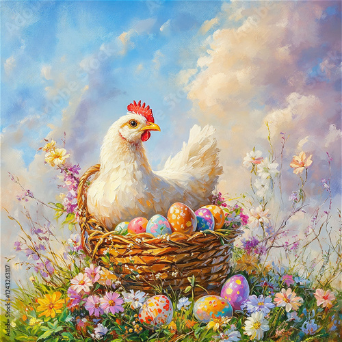 Charming hen with colorful Easter eggs in a blooming flower garden during a sunny spring day