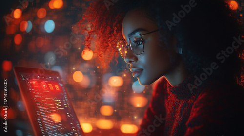 A woman browsing safely on a laptop, with security icons around her. Bright lighting, contrast