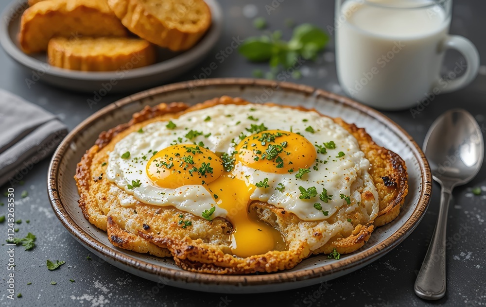 A plate with two fried eggs and a plate of garlic bread with a cup of milk and a spoon on the side, with mayonnaise and herbs as toppings. A plate with two fried eggs and a plate of garlic bread with a cup of milk and a spoon on the side, with mayonnaise and herbs as toppings.