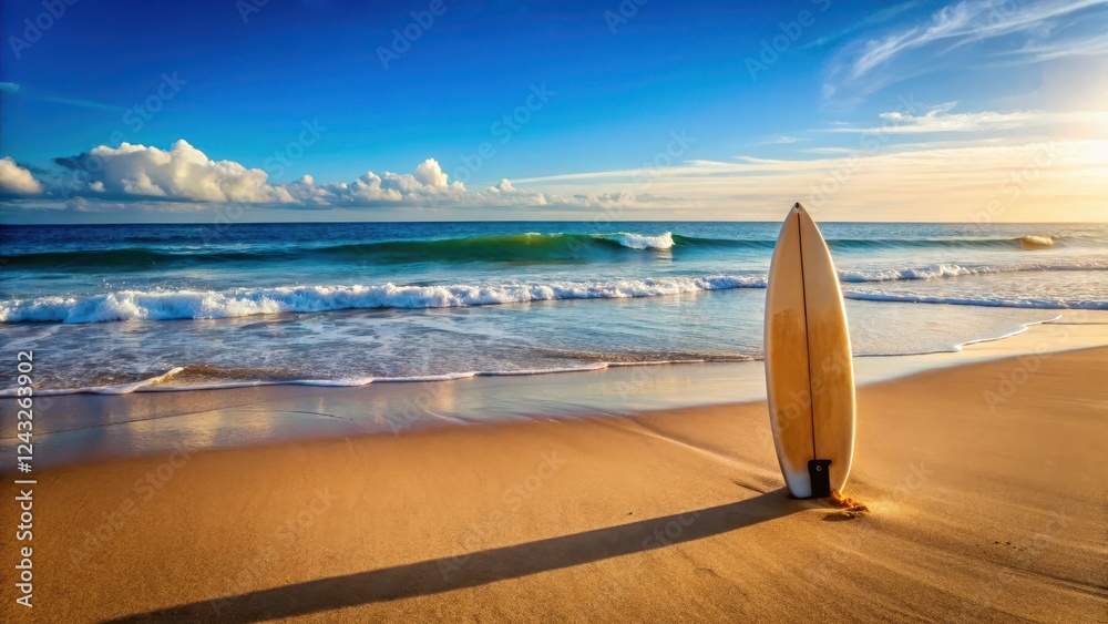Surfboard on sandy beach with ocean waves in the background, shore, coastline, shore, coastline Surfboard on sandy beach with ocean waves in the background, shore, coastline, shore, coastline
