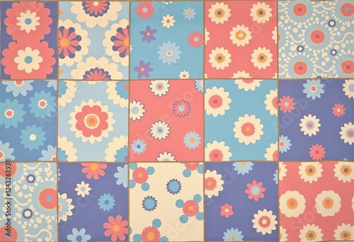 Floral Patchwork Rug: Pastel Colors, Checkered Design, Light Blue, Pink, Beige, Lavender, Cream, Quilted Pattern, Soft and Delicate.

