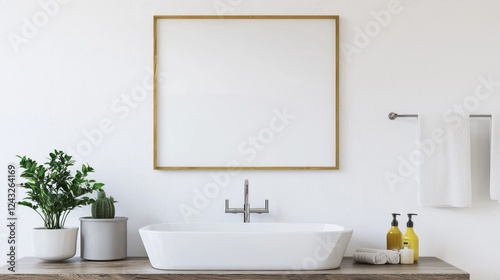 Modern Minimalist Bathroom Interior with White Sink and Gold Frame