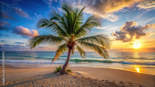 Palm tree on a deserted white sandy beach at sunset, with blue ocean waves in the background