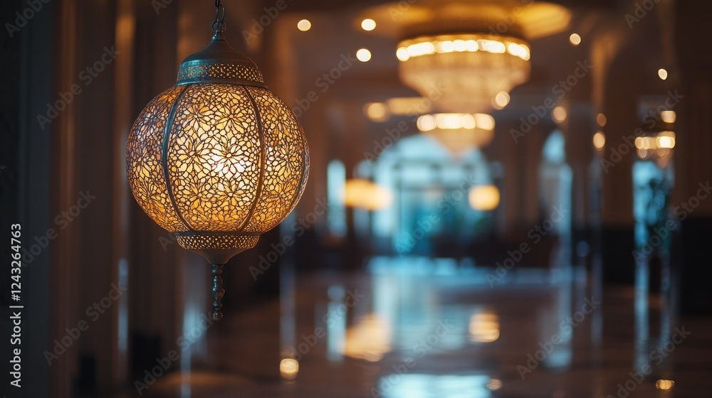 Obraz premium Elegant ornate lantern hangs in luxury hotel lobby
