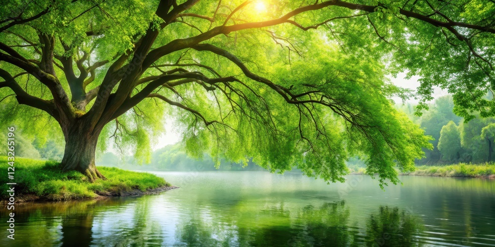 A serene lush green tree hanging majestically over a tranquil river, its branches gently swaying in the soft breeze, creating a soothing atmosphere, Tranquility, Peaceful