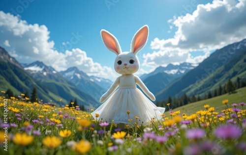 A plush bunny in a meadow with mountains and a blue sky in the background