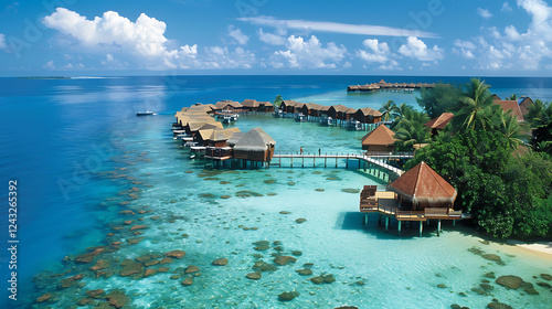 A breathtaking aerial view captures stunning expanse of Maldives island, showcasing luxurious water villas resort and intricate wooden piers against backdrop