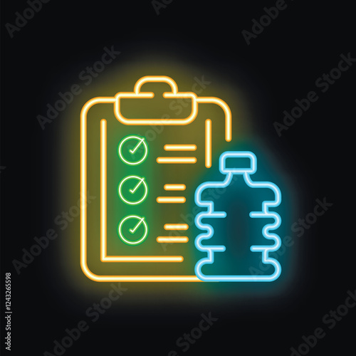 Glowing neon icon of a daily water intake checklist, symbolizing the importance of staying hydrated and tracking fluid consumption