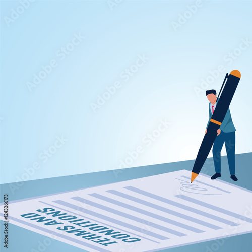 A man holds a pen to sign. Illustration for terms and conditions.