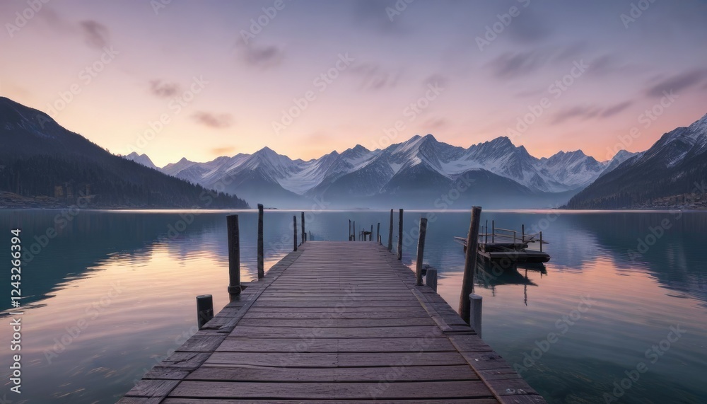 tranquil pier at dawn with snowy mountains in the background, Trieste, Alpe Adria, dawn scene tranquil pier at dawn with snowy mountains in the background, Trieste, Alpe Adria, dawn scene
