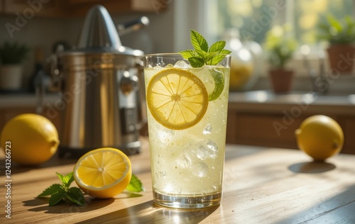 A glass of lemonade with a lemon slice and mint on a counter with a juicer in the background