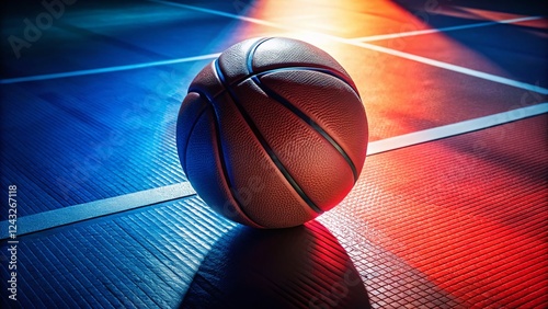 Basketball Court Divided: Blue, Red, Gray Zones, Sunlit Ball