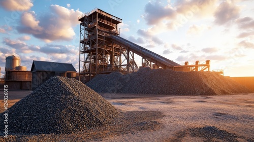 Industrial landscape featuring a gravel processing facility at sunset with clouds