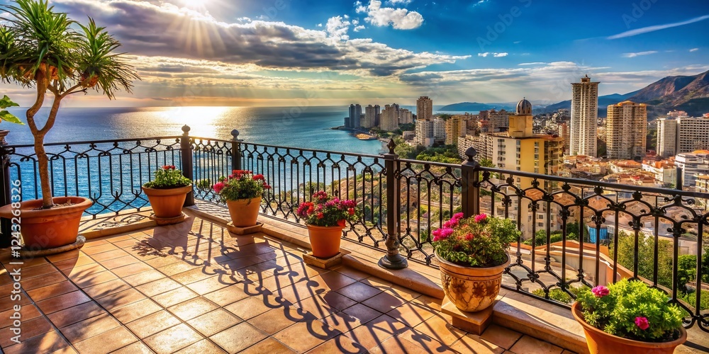 Obraz premium Benidorm Balcony: Sun-Drenched Mediterranean Apartment View, Alicante, Spain