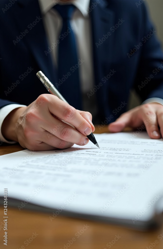 Close-up of hands signing a document, sleeves of a business suit are visible, business papers on the table. Close-up of hands signing a document, sleeves of a business suit are visible, business papers on the table.