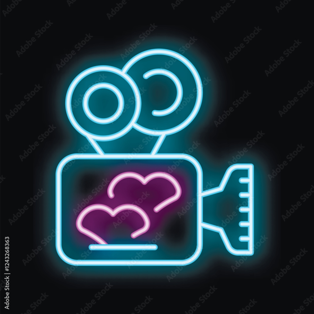 Neon love movie camera icon glowing with bright light on dark background Neon love movie camera icon glowing with bright light on dark background
