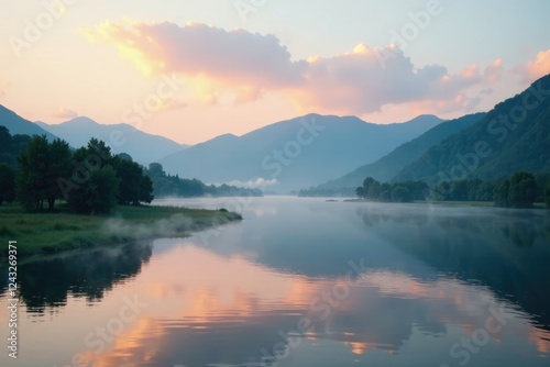 misty morning over the river with a distant mountain range in the background, sky, cloud, mountains
