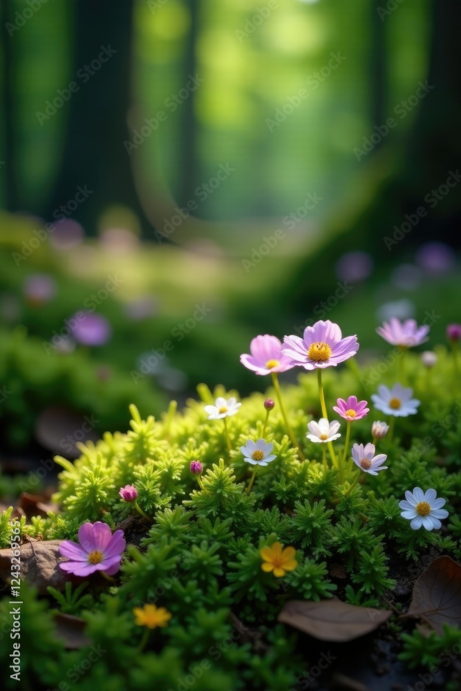 Obraz premium Petite wildflowers scattered on a mossy forest floor, blossoms, wild, forest